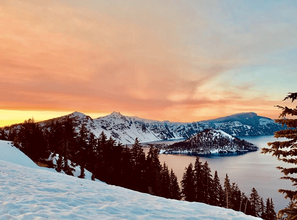 Crater Lake in Oregon at sunset. A MiscGyan image from a road trip in oregon.