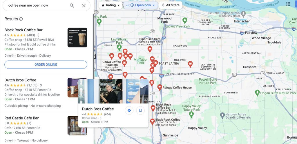 Snapshot of a search for coffee shop near me to emphasize the impact of hyperlocal social marketing.