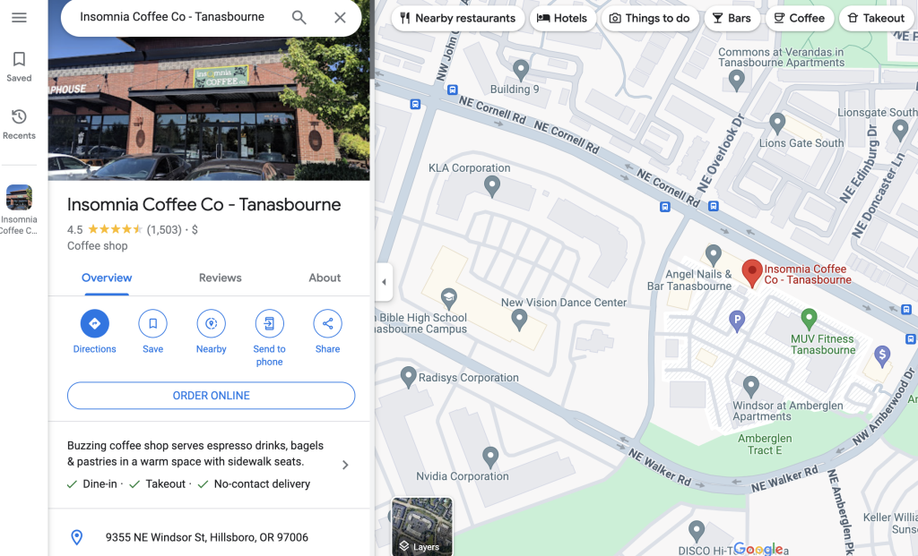 Google Map snapshot of Insomnia Coffee Shop in Hillsboro Oregon. An example of hyperlocal social media management strategy.