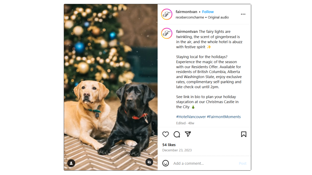 Social Media Engagement - Fairmont Hotel's Christmas Special Post