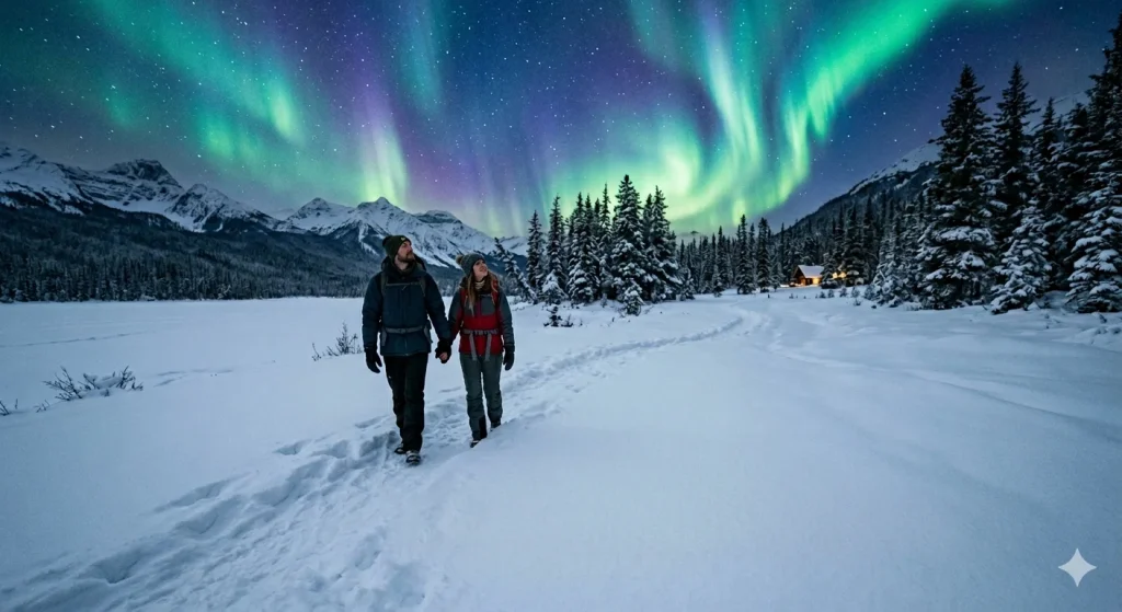 Couple walking through snow under the aurora borealis in Alaska