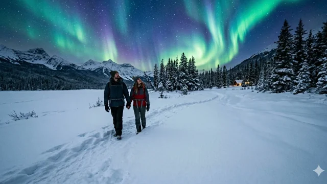Couple walking through snow under the aurora borealis in Alaska