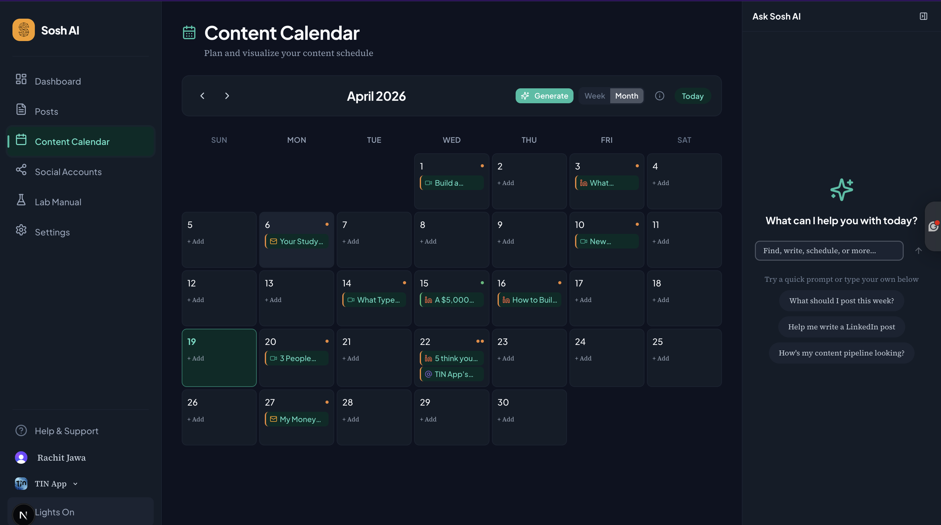 Soshlabs.ai content calendar screenshot